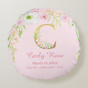 Girly Floral Monogram Baby Stats Round Pillow