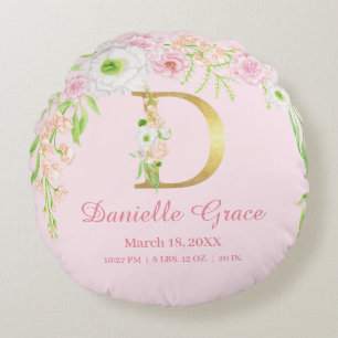 Girly Floral Monogram Baby Stats Round Pillow
