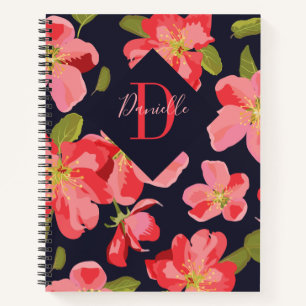 Girly Floral Navy Blue Monogram Name Notebook