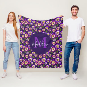 Girly Floral Pansies Pattern Purple Monogram Fleece Blanket