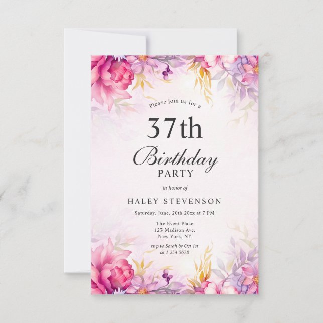Girly Floral Pastel Watercolor Chic 37th Birthday Invitation (Front)
