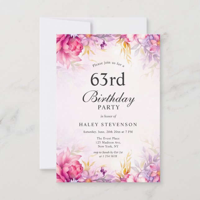 Girly Floral Pastel Watercolor Chic 63rd Birthday Invitation (Front)