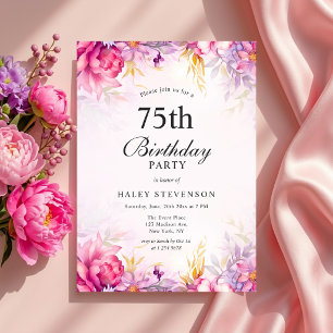 Girly Floral Pastel Watercolor Chic 75th Birthday Invitation