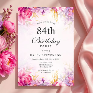 Girly Floral Pastel Watercolor Chic 84th Birthday Invitation