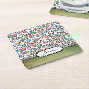 Girly Floral Pattern :: Personalizable Square Paper Coaster
