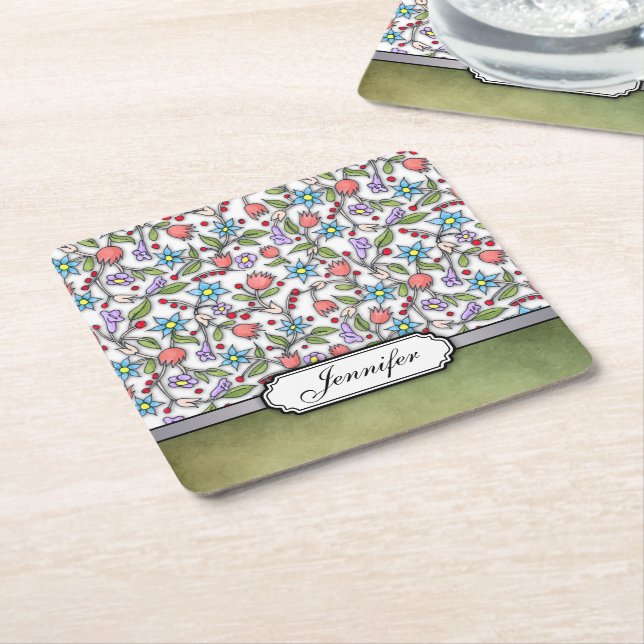 Girly Floral Pattern :: Personalizable Square Paper Coaster (Angled)