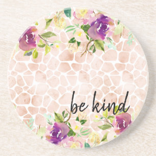 Girly Floral Peach Giraffe Print Watercolor Coaster