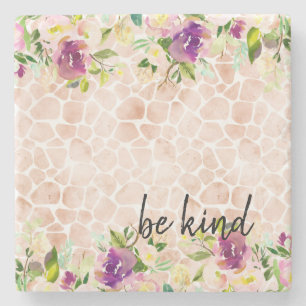 Girly Floral Peach Giraffe Print Watercolor Stone Coaster