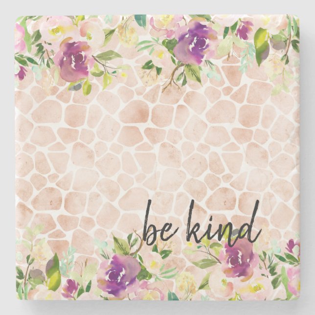 Girly Floral Peach Giraffe Print Watercolor Stone Coaster (Front)