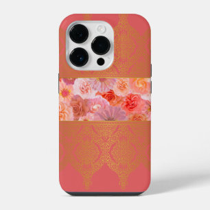 Girly Floral Pink and Golden Damask Lace iPhone 14 Pro Case