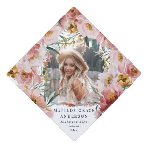 Girly floral pink botanical photo graduation graduation cap topper