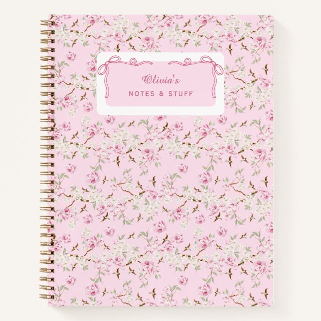 Girly Floral Pink Bow Coquette Custom Notebook (Front)
