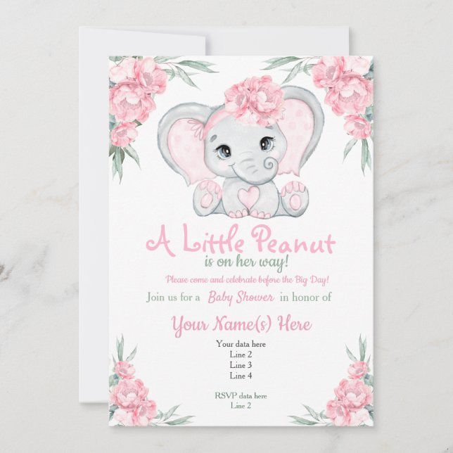 Girly Floral Pink Elephant Baby Shower Invitation (Front)