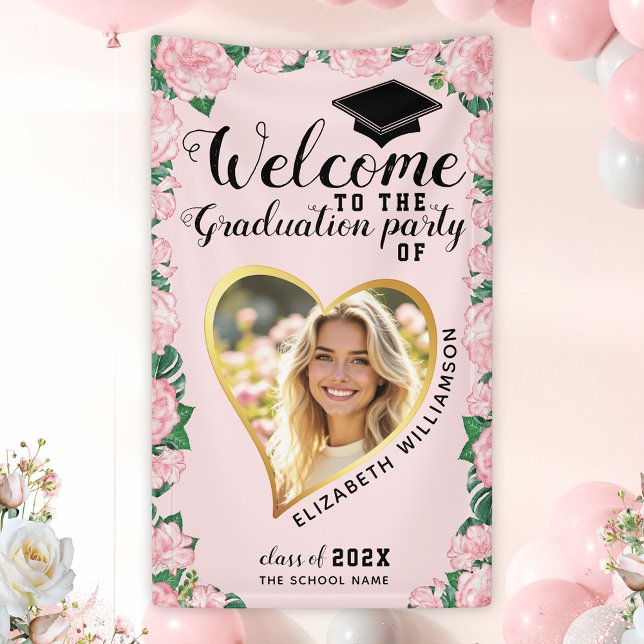 Girly Floral Pink Graduation Custom Photo Welcome Banner (Creator Uploaded)