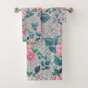 Girly Floral & Pink Silver Ombre Glitter Design Bath Towel Set