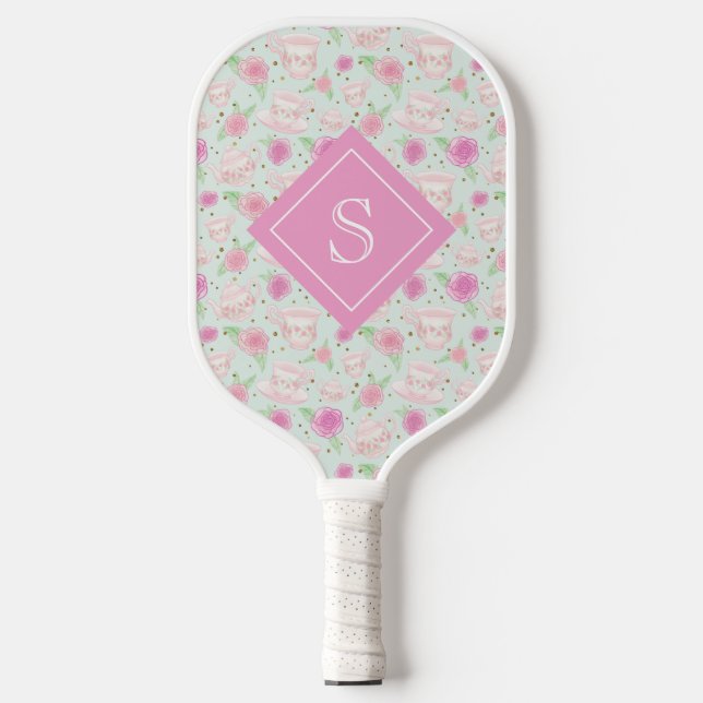 Girly Floral Pink Tea Cups Pattern Personalized Pickleball Paddle (Front)