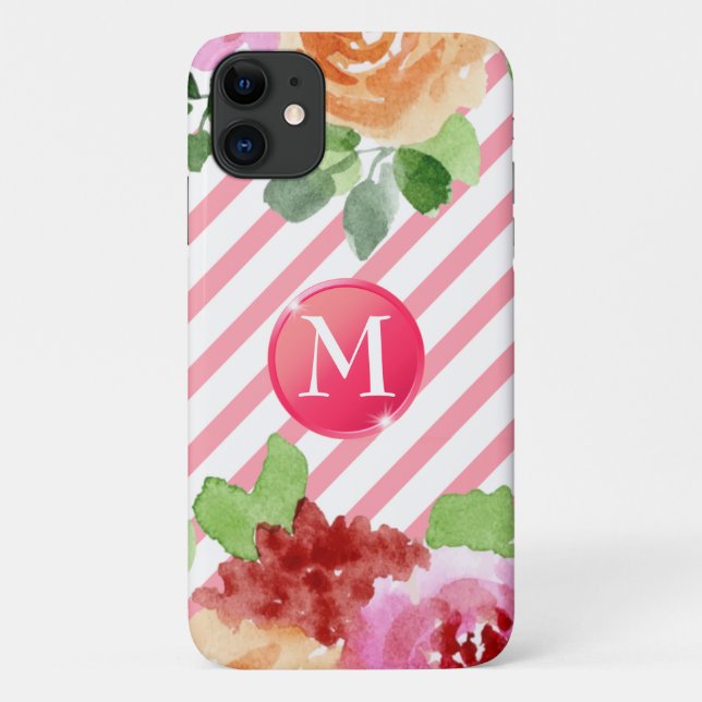 Girly Floral Stripes Monogram Personalized Custom Case-Mate iPhone Case (Back)