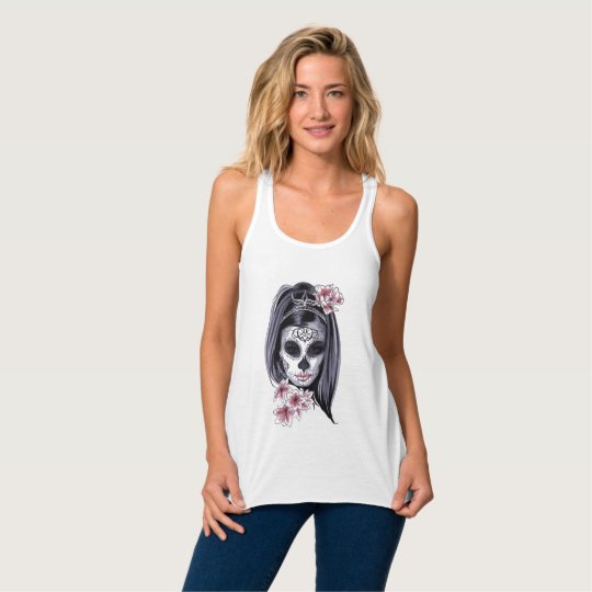 Girly Floral Sugar Skull Pink and Black Tank Top