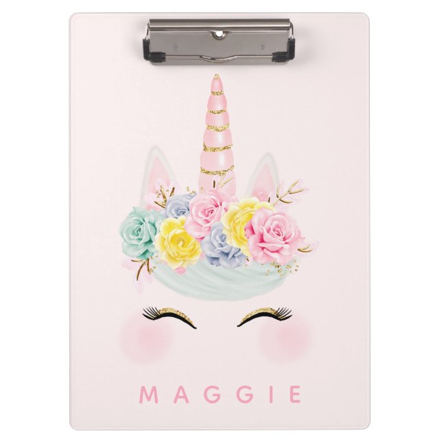 Girly Floral Unicorn Pink Gold Personalized Clipboard (Front)
