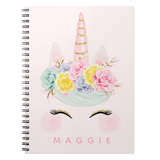 Girly Floral Unicorn Pink Gold Personalized Notebook (Front)