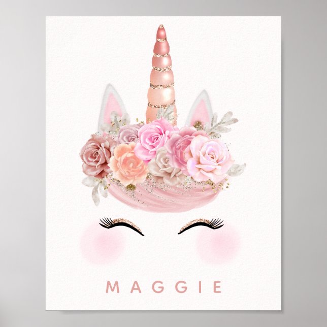 Girly Floral Unicorn Rose Gold Personalized Poster (Front)