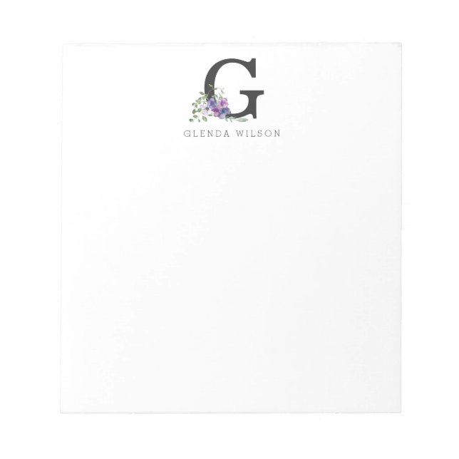 Girly Floral Watercolor Boho Chic Purple Monogram Notepad (Front)