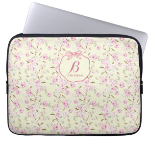 Girly Floral Yellow Pink Bow Coquette Monogram Laptop Sleeve