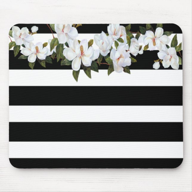 Girly  Flowers Magnolia, Stripes Mouse Pad (Front)