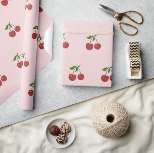 Girly Fruit Pattern Pastel Pink & Red Cherry Wrapping Paper