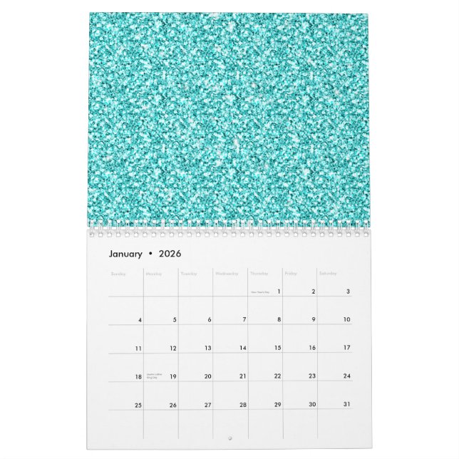 Girly, Fun Aqua Blue Glitter Printed Calendar (Jan 2026)