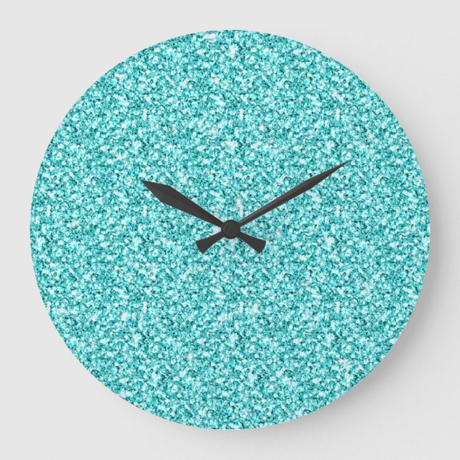 Girly, Fun Aqua Blue Glitter Printed Large Clock (Front)
