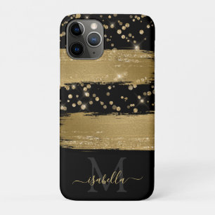 Girly Fun Black Gold Glitter Script Monogrammed iPhone 11 Pro Case