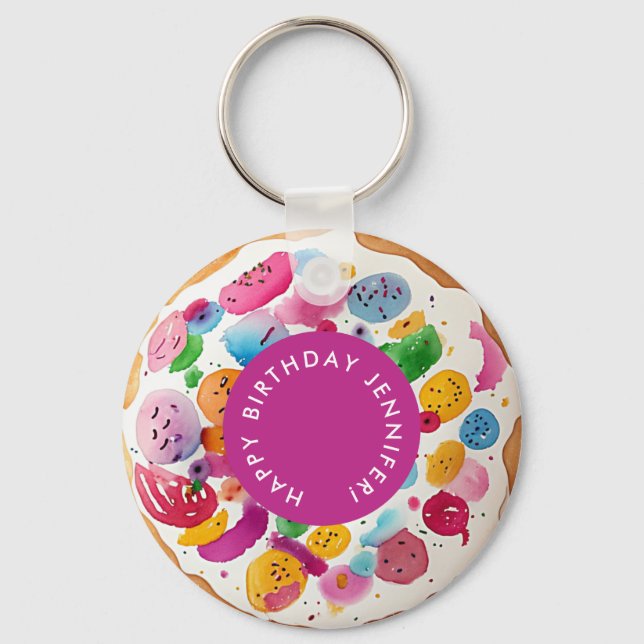 Girly Fun Colourful Hot Pink White Doughnut Waterc Keychain (Front)