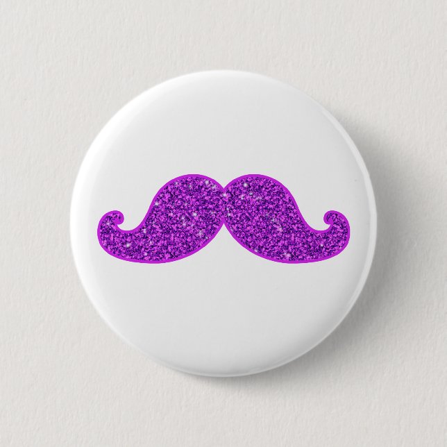 Girly fun retro moustache purple glitter 2 inch round button (Front)