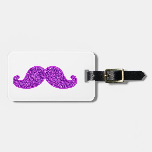 Girly fun retro moustache purple glitter luggage tag (Front Horizontal)