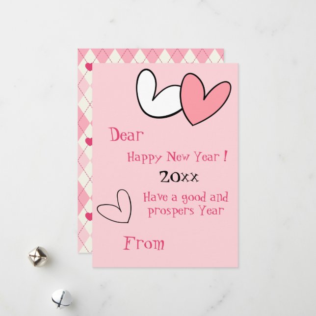 Girly Fun Simple New Year Greeting Pink Heart Card (Front/Back In Situ)