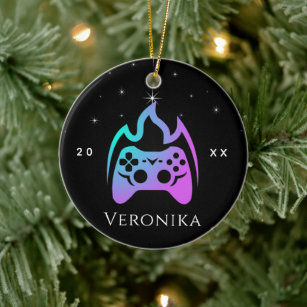Girly Gamer Neon Video Game Console Name & Year Ceramic Ornament