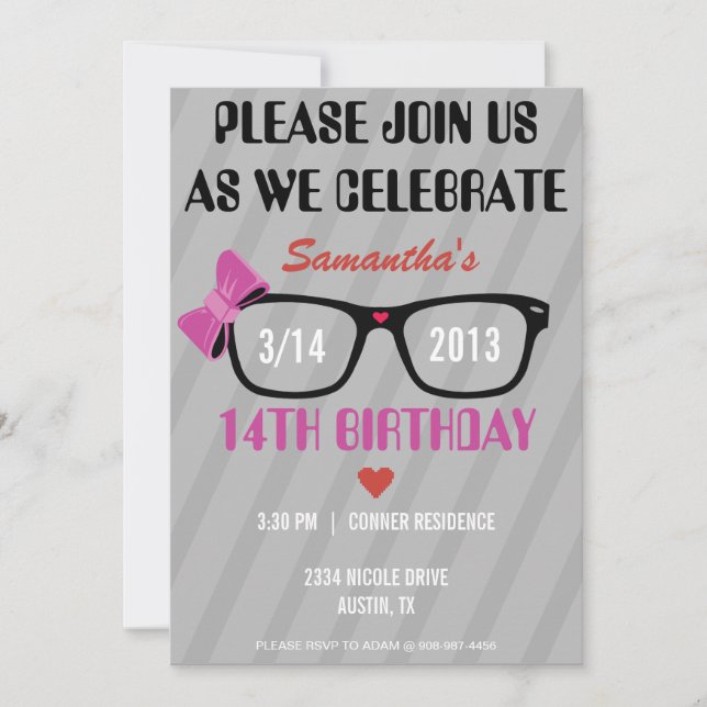 Girly Geek Glasses & Hearts Birthday Invitation (Front)