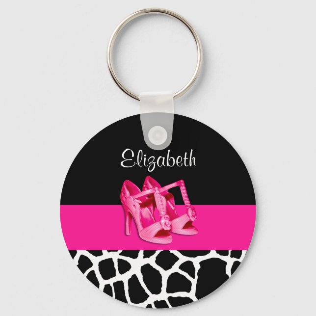 Girly Giraffe Print Cute Pink Shoes With Name Keychain (Front)