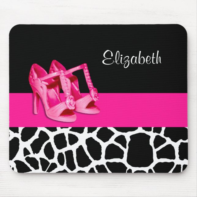 Girly Giraffe Print Cute Pink Shoes With Name Mouse Pad (Front)