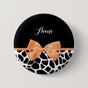 Girly Giraffe Print Orange Ribbon Bow With Name 2 Inch Round Button
