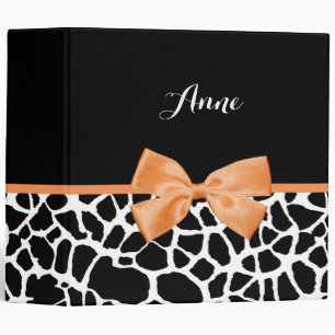 Girly Giraffe Print Orange Ribbon Bow With Name Binder