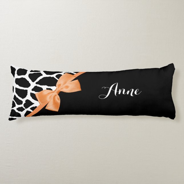 Girly Giraffe Print Orange Ribbon Bow With Name Body Pillow (Front)