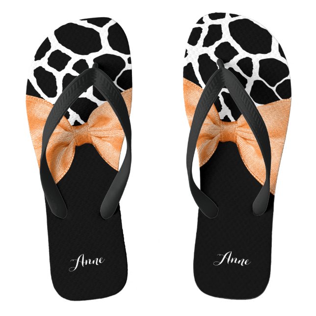 Girly Giraffe Print Orange Ribbon Bow With Name Flip Flops (Footbed)