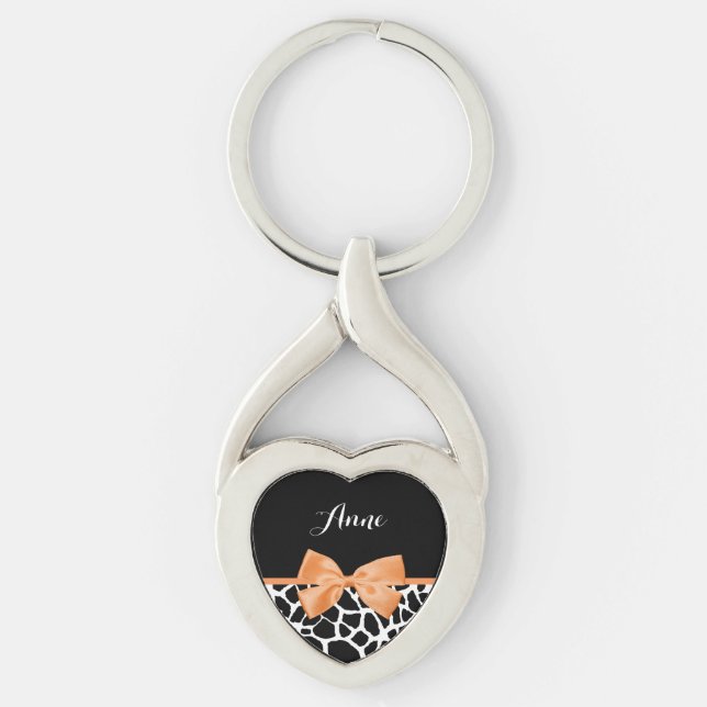 Girly Giraffe Print Orange Ribbon Bow With Name Keychain (Front)