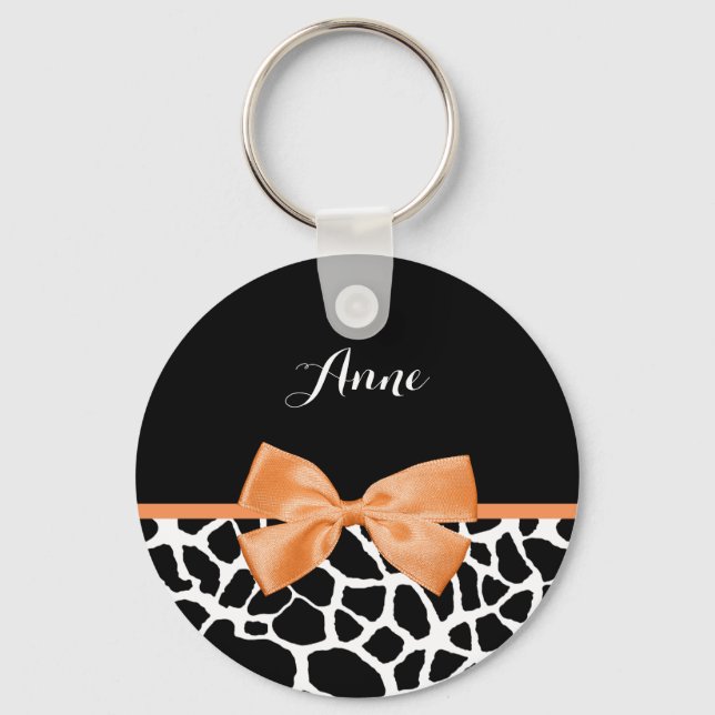 Girly Giraffe Print Orange Ribbon Bow With Name Keychain (Front)