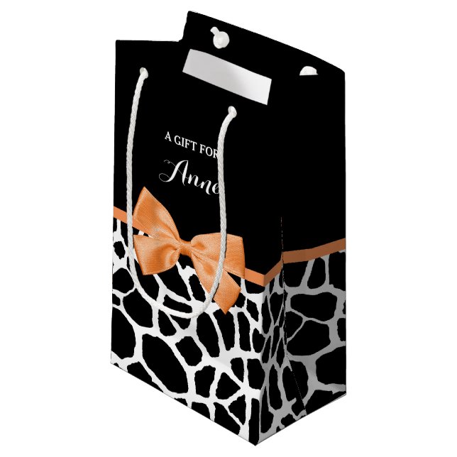 Girly Giraffe Print Orange Ribbon Bow With Name Small Gift Bag (Front Angled)