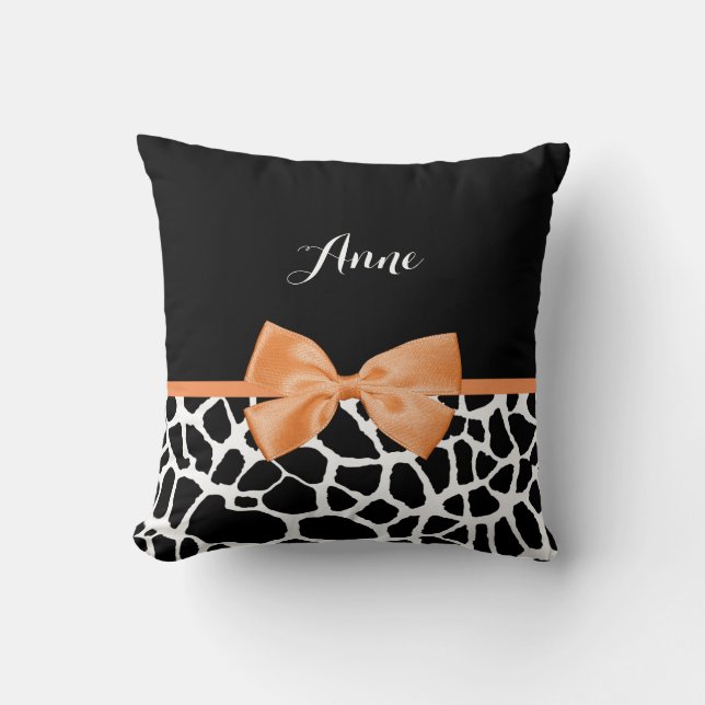 Girly Giraffe Print Orange Ribbon Bow With Name Throw Pillow (Front)