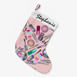 Girly Girl Hand Painted Watercolor Makeup on Pink Small Christmas Stocking