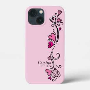 Girly Girl Hot Pink Hearts with Name iPhone 13 Mini Case